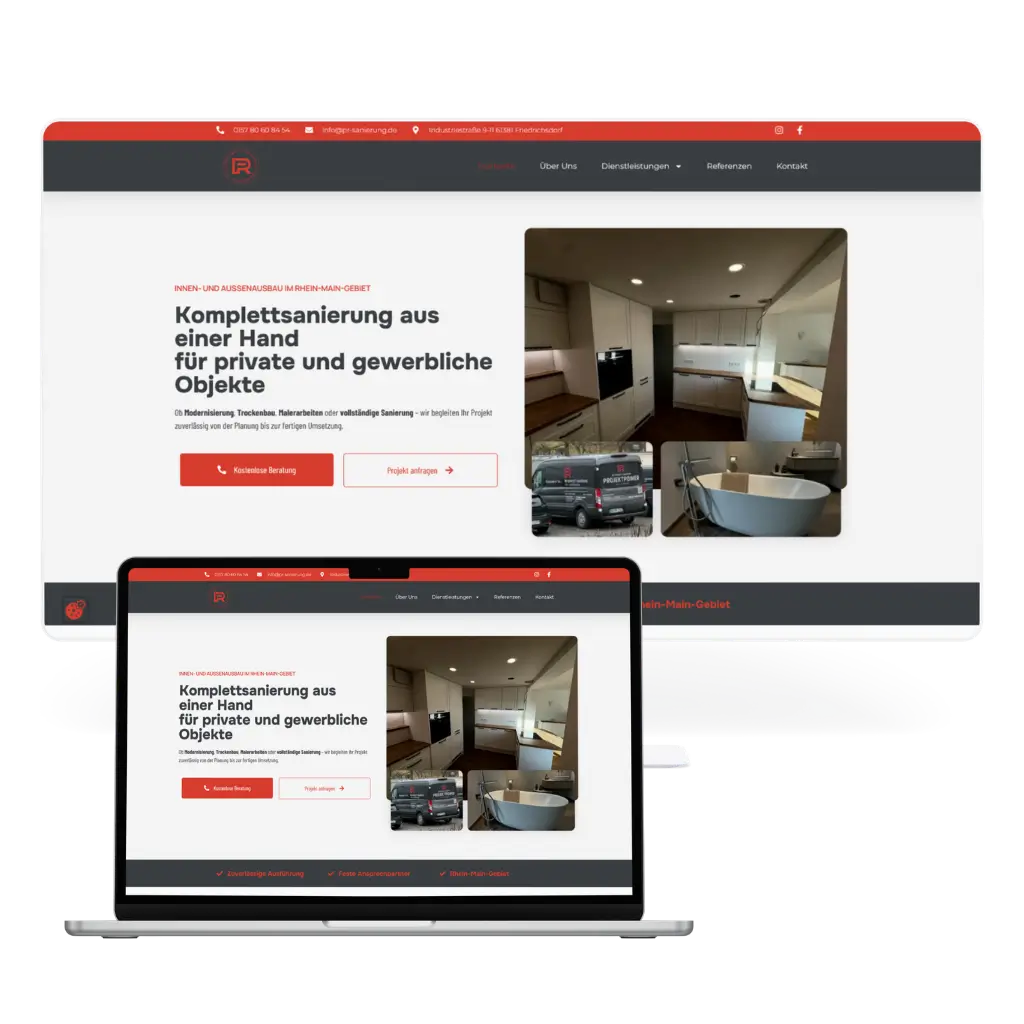 Strona PR-KomplettSanierung na monitorze i laptopie